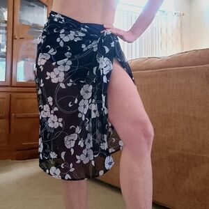 Miraclesuit Swimsuit Coverup Beach  Waist Tie Sarong Black Floral Sheer